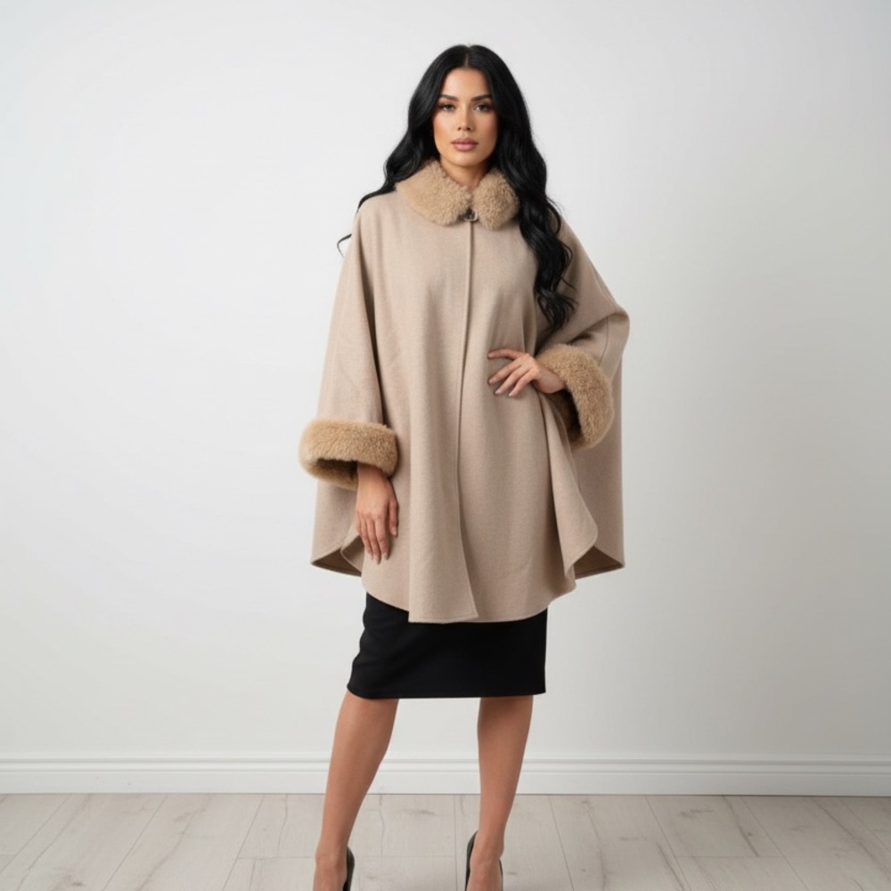 Woolen Tan Cape with Faux Fur Trim